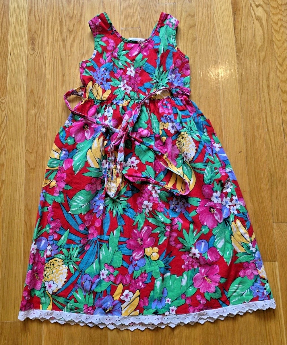 Bonnie Jean Vtg Girls 8 Tropical Hawaiian Floral Maxi Dress USA Cotton Pockets